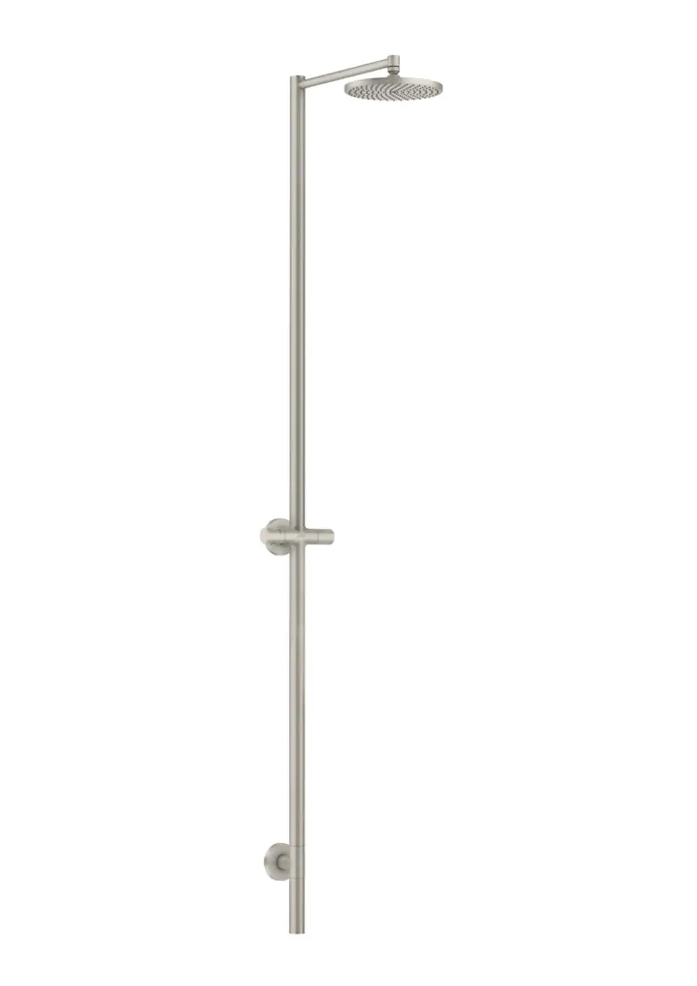 Duschsäule aus Edelstahl mit fest montierter Kopfbrause. Entwurf von AXOR, schlichtes Design ohne Handbrause. Montiert an der Wand, vertikale Anordnung.